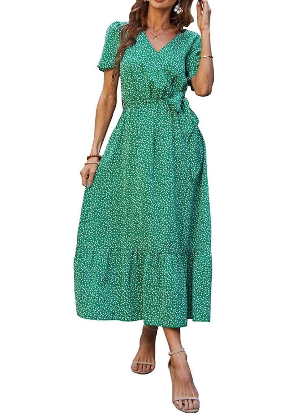 Women's Floral Summer Dress Wrap V Neck Short Sleeve A Line Bohemian Maxi Dress